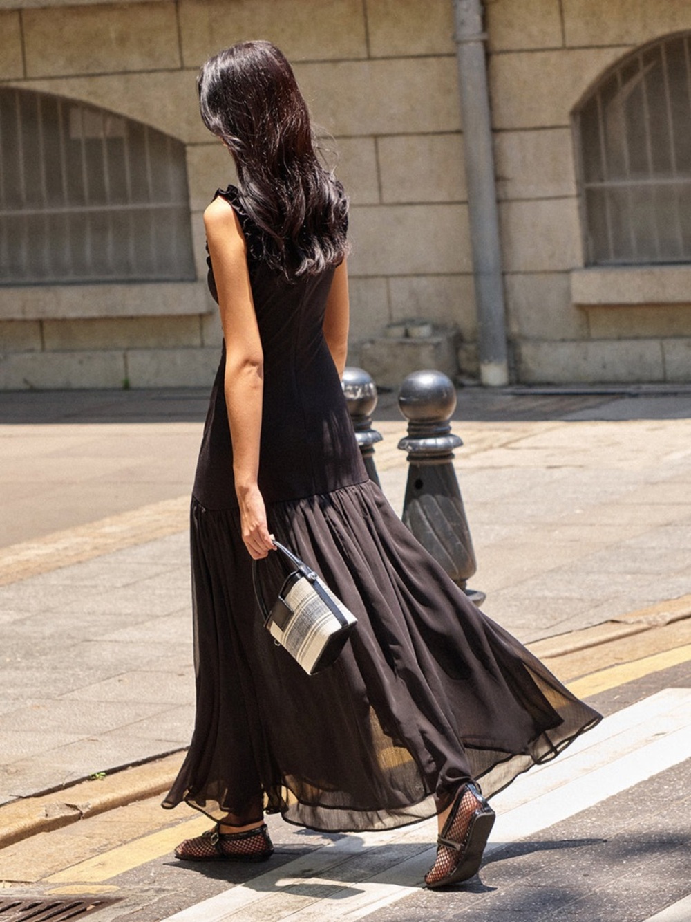 NWT Commense Black Ruffled Detail Ruched-Front Sleeveless Maxi Dress Size S - Picture 7 of 16